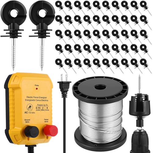 Electric Fence Charger Set 2 Mile 110VAC 0.15 Joule Electric Plug in Fence to Contain Chickens Pet Poultry 50 Black Insulator and 1 Socket Tool 250ft Aluminum Wire for Garden Pond Protection - style: 0.15 Joule
