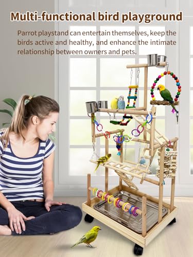 5 Layers Large Bird Playground Natural Wood Parrot Play Stand Birds Perch Stand Gym Parakeet Birds Cage Accessories with Removable Tray and 4 Stainless Steel Cups for Cockatiel Cockatoos Finch