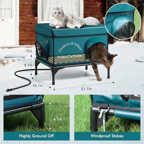 Heated Cat House for Outside Cat in Winter, Insulated Outdoor Feral Cat Shelter with Cat Heating Pad, 2 Doors,Elevated Waterproof Heated Kitty House (Blue, 21.5"x16.5"x18") - style: Blue Cat House 01