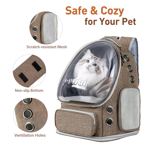 Cat Backpack Carrier with Large Space Bubble Window, Airline Approved Breathable Pet Carrier for Small Dogs Cats up to 15lbs, Foldable for Travel Hiking & Outdoor Use - color: Brown