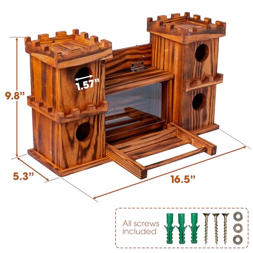 MIXUMON Castle-Style 4 Room Wooden Birdhouse with Large Center Feeder, Outdoor Multi-Room Bird House for Garden & Backyard, 1.57" Entrance Hole, Easy-Clean Access Doors, Twin Tower Decorative Design
