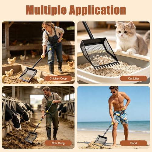 Chicken Poop Scooper & Rake, 42-84" Adjustable Chicken Scooper for Poop, Metal Sand Sifting Litter Shovel for Chicken & Goat Coop, Black