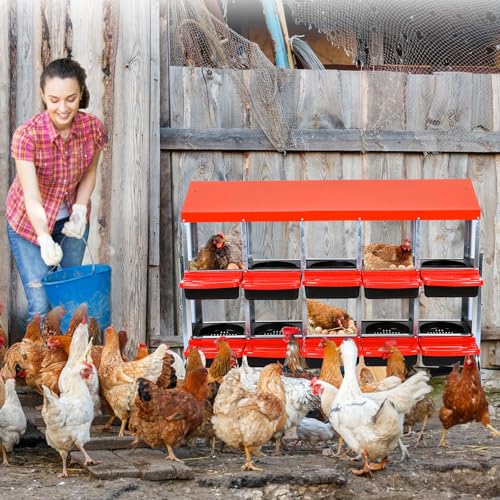 Nesting Box for Chickens, 10 Hole Chicken Nesting Box, Galvanized Steel Roll Away Nest Boxes with Lid Cover and Legs, Poultry Nest Boxes for Chickens Laying Egg, Red