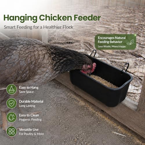 Chicken Feeder and Waterer 2 Pack, Hanging Fence Feed Trough with Clips, Chicken Coop Accessories Turkey Duck Poultry Feeder Livestock Feeding Container Trough, Black