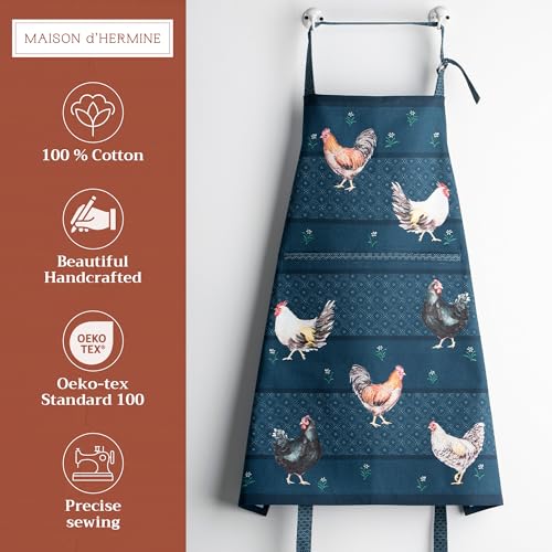 Maison d' Hermine Aprons for women with Pocket 100% Cotton (27.50"x31.50") | Adjustable Neck Strap & long ties Apron Men Chef Wedding Cooking Gardening Server Maid - color: 066 - Meadow Rooster