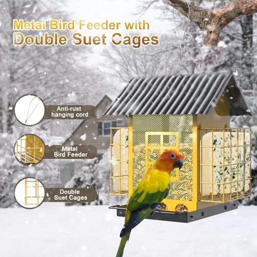 FlowaFoli Bird Feeders for Outdoors Hanging, Metal Bird Feeder with Double Suet Cage Cake, Large Capacity, Birdfeeders Sturdy & Weatherproof, Easy to Clean & Refill, Great for Attracting Wild Birds - color: Yellow