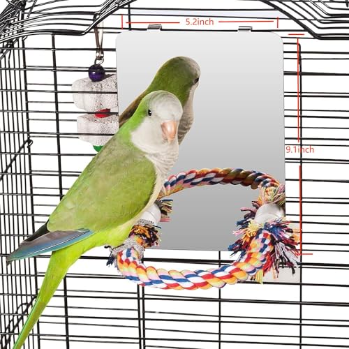 7" Bird Mirror with Rope Perch, Medium | Bird Swing, For Parakeet Budgie African Grey Conure Cockatiel Lovebird Finch Canarie, Parrot Cage Toy - size: Medium