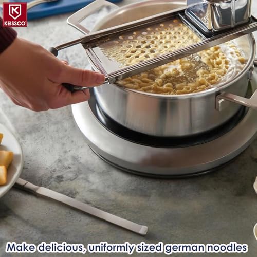 Premium Grade Stainless Steel Spaetzle Maker with Comfort Grip Handle, Stainless Steel Spider Strainer Skimmer Spoon with Cleaning Brush, Homemade German Egg Noodle Dumpling Making Tool Set