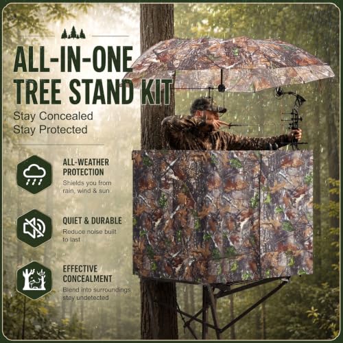 Feekoon Tree Stand Blind & Hunting Umbrella Kit, Camo Treestand Blind Cover with Portable Tree Stand Umbrella, Weather-Resistant Hunting Concealment Screen for Deer & Turkey Hunt