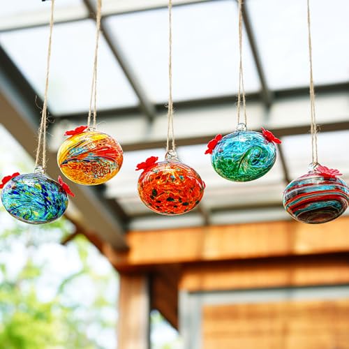 3.3OZ Handcrafted Glass Hummingbird Feeder, Twin Feeding Ports Included, Outdoor Hanging Ornament for Garden and Patio, Remarkable Hummingbird Gifts to Delight Women - color: blue