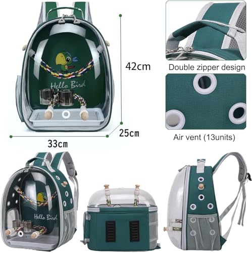 Bird Traval Carrier Cage Backpack for Carry Parakeet Cockatiel Parrot | Multi Vent Holes Clear Space Capsule Astronaut with Metal Tray Wood Perch, Vet Transport Book Bag (Green)