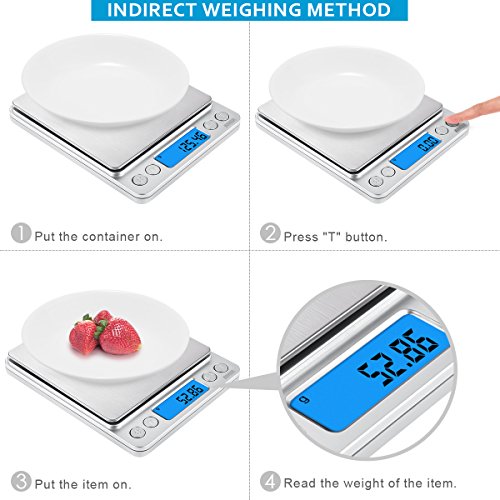 (Upgraded) AMIR Digital Kitchen Scale, 500g Mini Pocket Jewelry Scale, Food Scale, Coffee Scale, Back-Lit LCD Display, 2 Trays, 6 Units, Auto Off, Tare, PCS, Stainless Steel (Batteries Included) - color: Silver