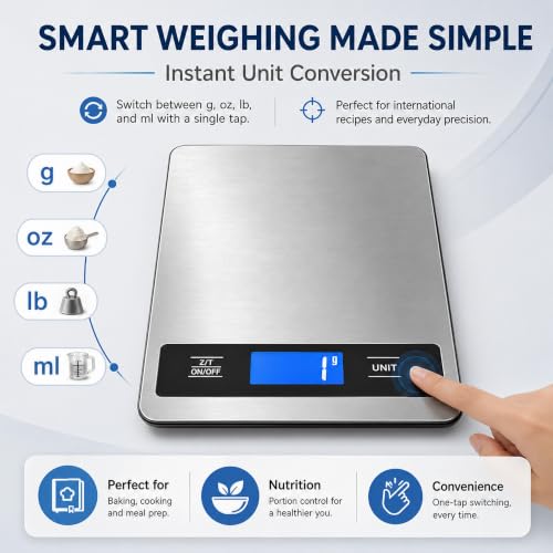 33lb/15kg Digital Food Kitchen Scale, Measuring Recipes Coffee Meat Baking | 1 Gram High Precision Stainless Steel Weight Scale with Timer, Tare & Unit Conversion (g/oz/ml/lb) for Cooking Bread Making