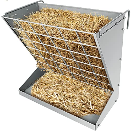 Wall Mount Hay Rack, Metal 2 in 1 Hay and Grain Feeder | Livestock Feeder with Adjustable Distance, Hay Feeder for Goats, Sheep, Horse - color: Silver
