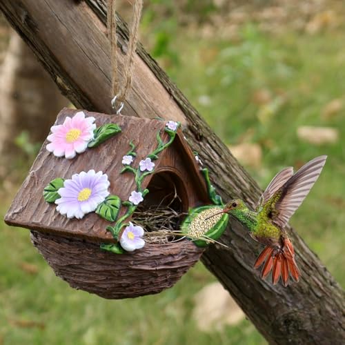 Garden Hanging Bird Feeder Decorative Birdhouse Waterproof Resin Wild Bird Feeder Outdoor Garden Ornament Bird Watching Feeding Gift Bird Feeder Bird Nest Patio Lawn Art Garden Decoration - color: Design-2
