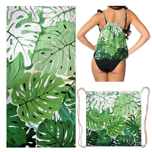 2 in 1 Packable Towel Bag - Summer Tropical Beach Blanket Backpack Green Travel Picnic Towel for Family Holiday Camping - color: Tropical Leaf Green