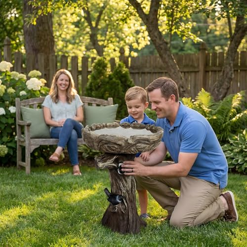 watnature 23” Tall Fibre Reinforced Concrete Birdbaths with Birds for Patio, Woodland Tree Trunk Decorative Outdoor Bird Bath for Garden，Pedestal Birdbaths for Outdoors, Garden, Patio, Lawn, Backyard - color: Faux Wood With Bird, size: 17.7dia. x 23H