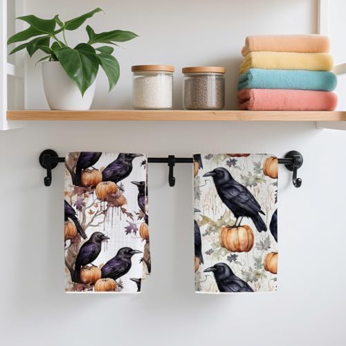 2 Pcs Gothic Raven Kitchen Towels, Vintage Pumpkin Decorative Absorbent Microfiber Dish Cloth Tea Towel, Waffle Soft Hand Towels for Farmhouse Home Bathroom, Halloween Decor - color: Multi 0434