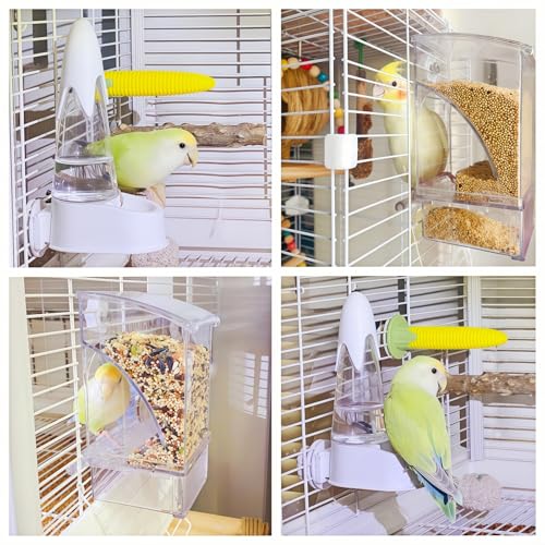 Automatic No Mess Bird Feeder and Water Dispenser Set, Acrylic Food Container and Drinker Bowl for Parrot Cage, Easy Clean Accessories for Parakeets Cockatiels Lovebirds and Other Small Pets
