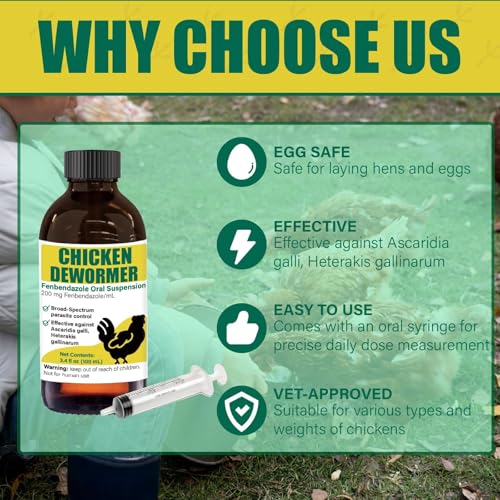 Dewormer for Chickens, Poultry, Fenbendazole for Chicken Dewormers, Tapeworms, Roundworms & Hookworms, with Measuring Syringe, 100ml