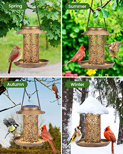 SWEETFULL Solar Bird Feeder for Outdoors Hanging, Metal Wild Bird Feeder for Cardinals Solar Garden Lantern with S Hook as Gift for Bird Lovers (2LBs Heavy Duty birdfeeders) - size: 7.2"x7.2"