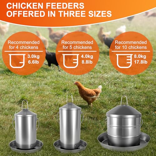 8.8lb Stainless Steel Hanging Chicken Feeder, Metal No Waste Poultry Feeder, Rustproof, Reusable, Long-Lasting, Gravity Feed Chicken Coop Accessories for Chicken, Geese, Duck, Hens, Rooster, Chick