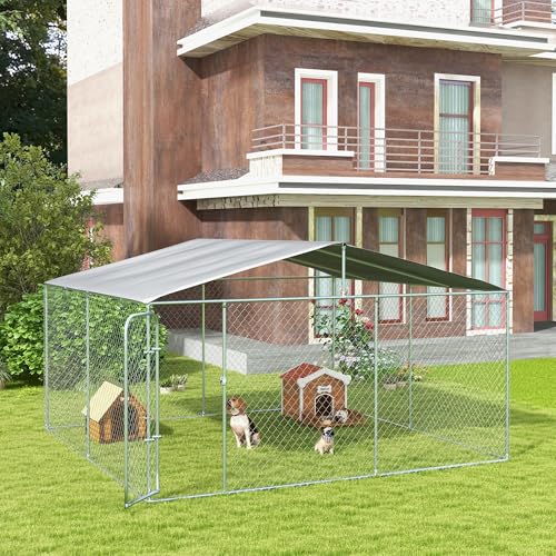 PawHut Outdoor Dog Kennel Heavy Duty Fence for Large Breeds 15' x 15' x 7' | Dog Run Outdoor Fence, Waterproof Cover, Galvanized Chain Link, Secure Lock, for Chickens, Ducks - size: 181.0"L x 181.0"W x 91.3"H
