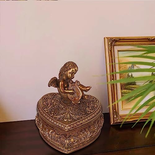 S-MANTIS Vintage Box Antique Trinket Organizer Rings Earrings Storage Gilded Heart Shape Box With Sophisticated Floral Decor And Cherub Figurine Playing The Harp Lid Keepsake Gift (Antique Gold-Heart) - color: Antique Gold-Heart