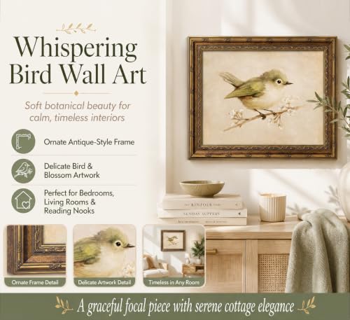 Vintage Gold Framed Bird Wall Art, Green Bird on Blossom Branch Oil Painting Canvas Print, Antique Cottagecore Nursery Wall Decor, Retro Neutral Floral Botanical Poster Artwork for Bedroom Living Room - color: Bird-1, size: 16"L x 12"W