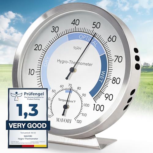Analog Hygrometer – Thermometer Hygrometer for Indoor – Premium Stainless Steel Humidity Gauge Indicator – Temperature and Humidity Monitor – Battery Free Operation – Ø 12.5 cm