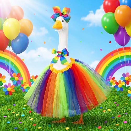 Abbylike Rainbow Porch Goose Outfit Pride Goose Outfit LGBTQ Lawn Geese Costume Clothes with Bow Headband and Tie Fits 23" Cement Geese Statue for Pride Month Outdoor Garden Yard Patio Art Decor - style: Halloween Rainbow