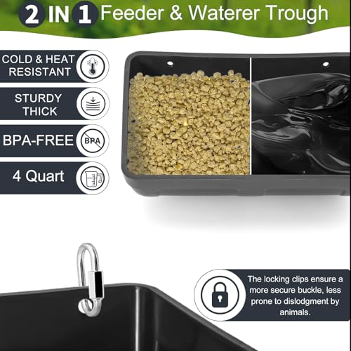 3 Pack Hanging Chicken Feeder Waterer Trough 4 Quart, Goat Feeding Supplies, Coop Fence Feeder, Feed Bucket & Water Container with Clips for Chicken Duck Piglet Sheeple Dog Livestock Poultry (Black)