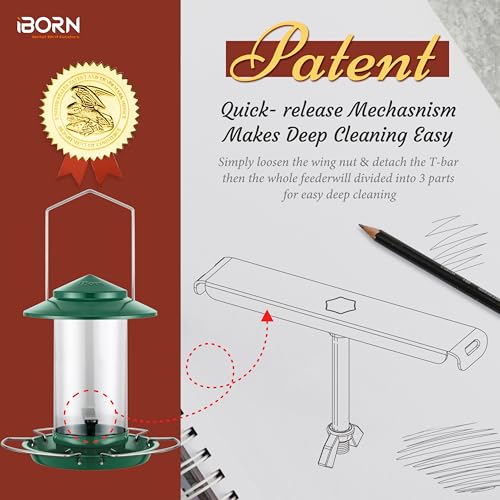 Bird feeders for Outdoors Metal Chew Resistant Green,1PK | Metal Roof, Metal Tray, Fixed Hanger, Flip-Top Fill, 3 Perches, Easy-Clean, 1.32lb - color: Green, 1.5LB, 3 Perches