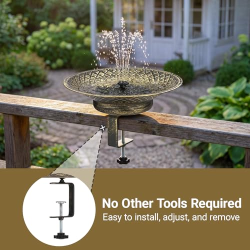 Solar Bird Bath for Deck Railing, 12.6“ Metal Solar Powered Bird Bath | Bird Bath Fountain with Bubbler, 3.5” Adjustable Clamp for Balcony & Patio, 2-in-1 Deck Bird Feeder for Garden Yard, Gold - color: Gold