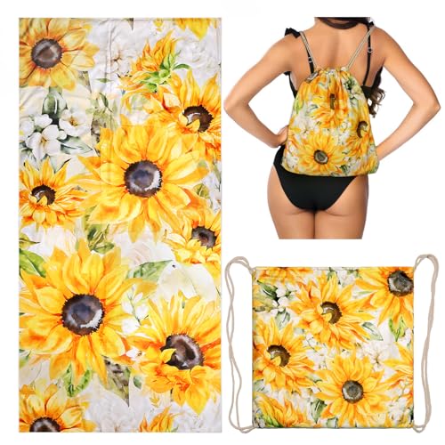 Sunflower Floral Beach Towel Bag - Summer Yellow Flowers 2 in 1 Travel Blanket Backpack for Women Holiday Picnic 63"x31.5" - color: Watercolor Sunflower Yellow