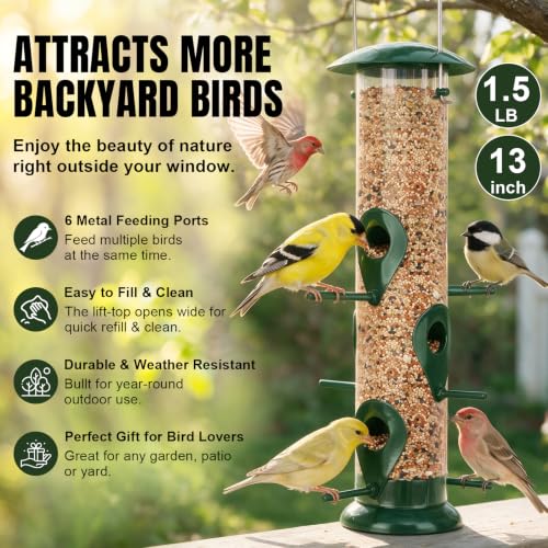 Metal Bird Feeder- 6 Port Tube Feeder for Outdoors with Metal Lid, Easy Fill & Clean, Weather Resistant, 13 Inch