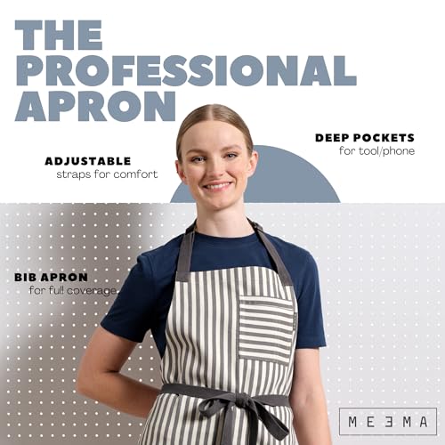 Chef Aprons for Women with Pockets, Adjustable Bib Aprons for Cooking - color: Charcoal Striped