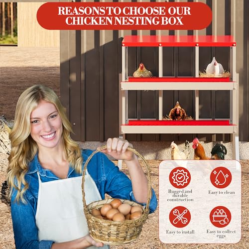 Galvanized Steel Chicken Nesting Box 6 Grids, Metal Egg Laying Boxes for Hens with Hinged Lid and Ventilated Design, Easy Clean Poultry Nest Box for Chicken Coop Accessories, Red, with Legs - color: Red, size: 6 Holes with Legs