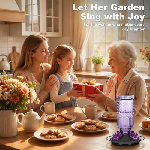 Glass Hummingbird Feeder for Outdoors Hanging, 16 oz Leak-Proof Nectar Feeder with Bee Guards & Ant Moat, 4 Metal Flower Feeding Ports, 360° Perch Ring, Easy Refill & Clean, Purple - color: Purple