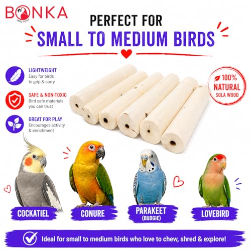 Bonka 1288 Pk6 Natural Sola Sticks 3" Bird Chew Toy for Small Birds | Soft sola root texture encourages natural chewing, shredding, and foraging activities - color: Pk6 Natural Sola Stick