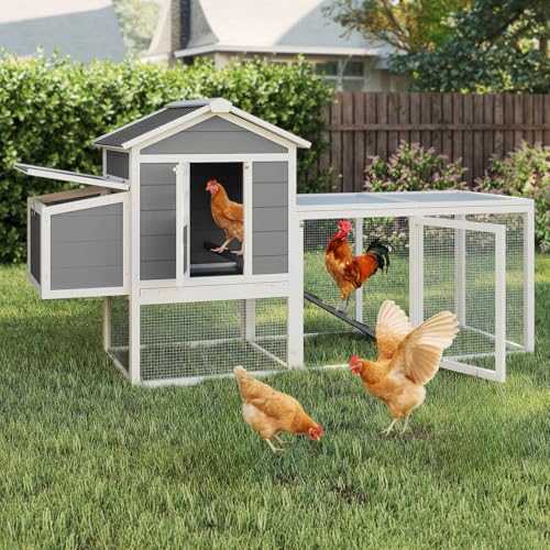 Yafylly Large Chicken Coop Outdoor, 82" Wood Hen House for 3-4 Chickens, Durable Duck House Poultry Pet Hutch with Run, Nesting Box, Ramp, Removable Tray, Waterproof Roof for Backyard Small Animal - color: Grey, size: 80.9"L x 36.3"W x 44.7"H