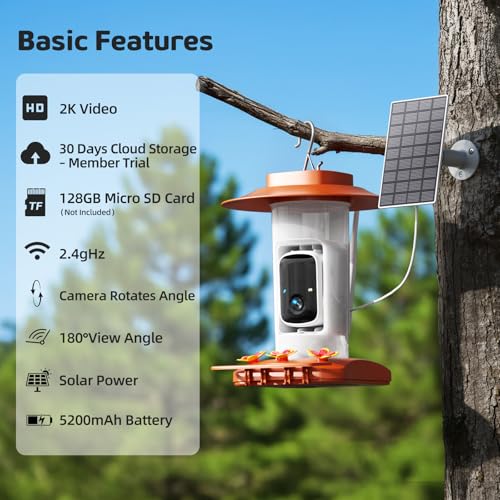Hummingbird Feeder with Camera Outdoor, Solar Powered Hanging Bird Feeder | Ant Moat & Bee-Proof, AI Bird ID, HD 2K, Instant App Alerts, Auto Capture, Garden Gift for Hummingbird Lover & Mom Dad, 21oz - color: Orange