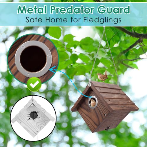 Dreyoo 2 Pack Wren House, 1-1/8'' Entrance Hole Hanging Wooden Wren Bird Houses for Outside with Metal Guard, Air Vents, Pine Wood for Chickadees (Burnt Wood Color) - color: Burnt Wood Color