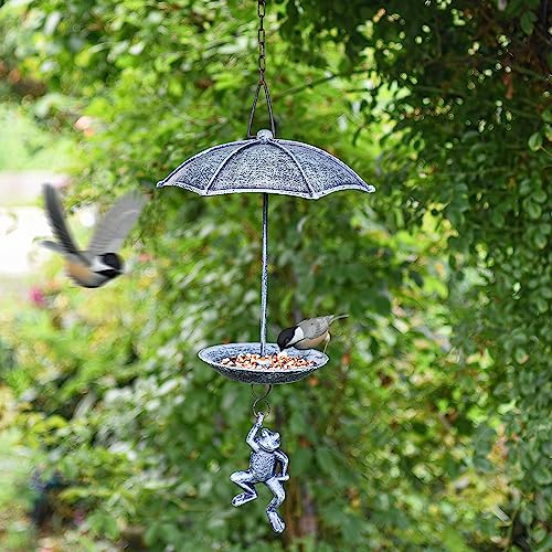 Sungmor Cast Iron Hanging Bird Feeder, Vintage Green Frog Skydiving Design | Waterproof Cast Iron Bird Bath, An Excellent Addition to Any Garden Decor