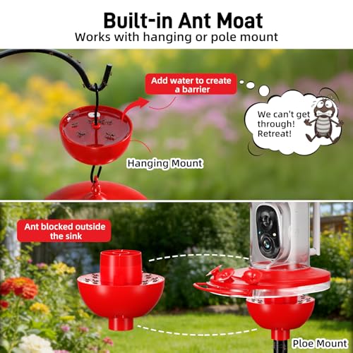 Hummingbird Feeder with Camera Outdoor, 5MP HD Smart Hummingbird Feeder Camera Solar Powered, AI Bird Identification, Ant Moat & Bee Proof, APP Alerts, Hanging or Pole Mount, Gift for Bird Lovers