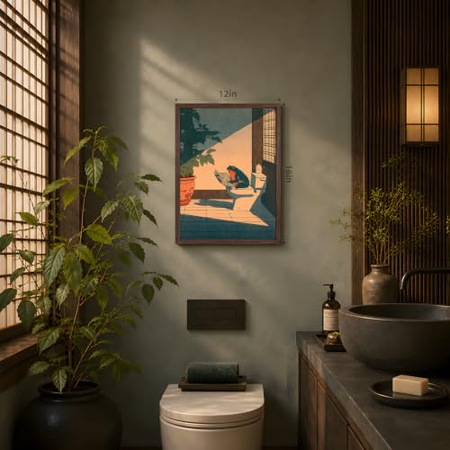 GELDSTEI Wood Framed Funny Frog Reading Vintage Bathroom Wall Art 12x16 in | Vintage Japanese Style Frog Reading On Toilet Art Print, Playful Farmhouse Wall Decor for Bathroom and Powder Room - color: Frog, size: 16"L x 12"W