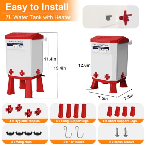 Heated Chicken Waterer 1.9 Gal, Winter, Freeze Proof Chicken Waterer, 4 Nipples for Clean Water，Detachable Legs, Adjustable Height for Chickens, Pigeons, Beaked Poultry