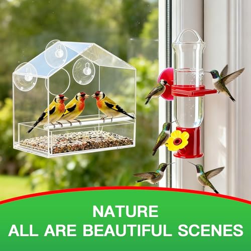 Window Bird Feeder with Hummingbird Waterer（2-Piece Set） - Extra-Large Window for Offer Easy Food & Water Access, Super-Strong Suction Cup, Easy Install & Clean, Sturdy Durable Outdoor Use - size: 2-piece set
