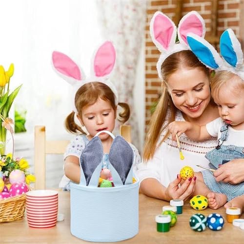 Easter Basket Easter Egg Hunting Basket Easter Bunny Basket Candy Egg Basket Gift Buckets Seersucker Egg Basket Bags for,Personalized Bags - color: C-Blue
