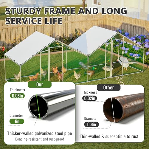 Metal Chicken Coop 20x6.7x6.7ft Large Walk-in Poultry Cage for 10-20 Chickens Chicken Run Pen Hen Rabbit Duck House with Waterproof Cover for Outdoor Farm Use - size: 240.0"L x 80.0"W x 80.0"H